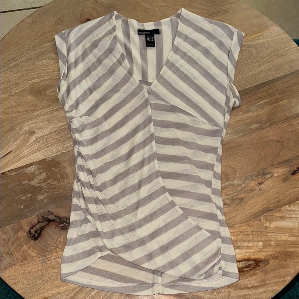 Mango Grayish/Purple and White Asymmetrical Ruched Cap Sleeve Blouse